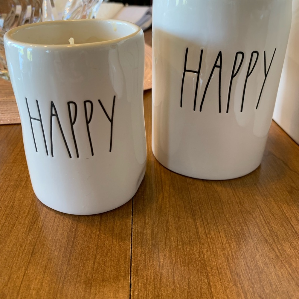 Set of 2 Rae Dunn HAPPY Candles, like new not used